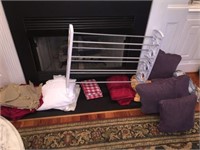 Group of linens, shoe rack, towels, placemats