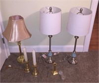 3 Lamps, 3 brass candle holders