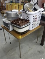 Card table, contents, misc kitchenware, pots