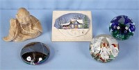 Five Paperweights, Buddha, St Claires & Porcelain