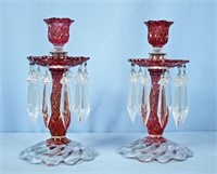 Pair Cranberry Flash & Clear Glass Mantle Lusters