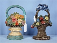 Two Antique Cast Iron Flower Basket Doorstops