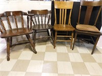 4 Chairs-2 Antique Slat Back, 2 Pine Spindle Back