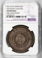 1912 Szechuan 1 Dollar NGC AU-Details L&M-366