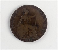 1919 United Kingdom Half Penny Bronze Coin KM-809