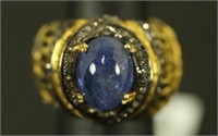 SILVER 7.56CT TANZANITE & 0.48CT DIAMOND RING