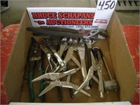 Box of water pump pliers, tin snips, vice grips