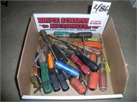 Box of misc screwdrivers, small flashlights