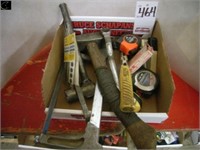Box w/ hammers, wrenches, hacksaw