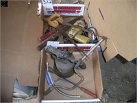 2 boxes w/ keyhole saws, B&D 3/8s elec drill etc