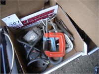 Box of 3/8s drill, welding clamps, chisels etc