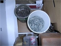 Box w/ 2 pails of nails and staples