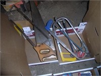 2 boxes w/ meat saw, hand saw and hacksaws