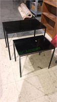 Pair of metal base black lacquer top side tables,