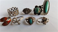 8 Sterling rings, some turquoise sets