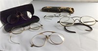 Antique eye glasses (5) & case (2)