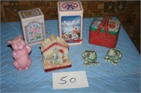 PLANTERS, PIG CANDLE, TINS