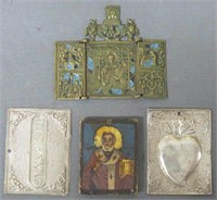 GROUP OF FOUR SMALL METAL AND WOOD ICONS