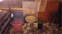 misc item lot including vintage stool and luggage