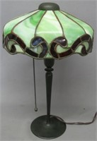ARTS & CRAFTS BRONZE AND LEADED GLASS LAMP