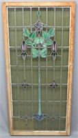 EARLY 20TH C. STAINED GLASS WINDOW IN WOODEN FRAME