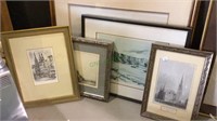 Group of 5 framed engravings and prints, town and
