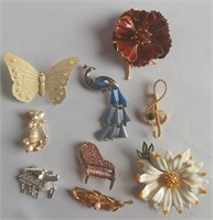 Brooches, Pianos, cat, peacock, flowers