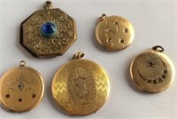 5 Lockets,  vintage, some stones on front