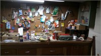 workshop contents on pegboard and on counter