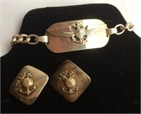 Sterling Navy ID Bracelet & Clip on earrings