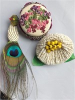 3 Unusual Brooches,  Peacock Feather, Ribbon work