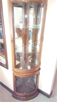 lighted corner mirror curio cabinet w/curved glass