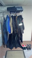 clothes rack, contents on rack, 2 pair boots,