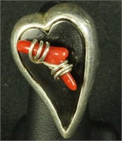 ONYX & CORAL STERLING SILVER HEART RING