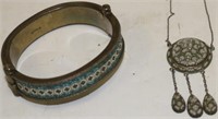 2 PIECES, LATE 19TH C ENAMEL ON SILVER JEWELRY
