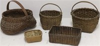 FIVE 19TH C MINIATURE SPLINT BASKETS.  3 HAVE