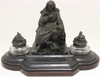 19TH C BRONZE AND MARBLE DOUBLE INKSTAND WITH CUT
