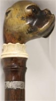 19TH C WALKING STICK WITH CARVED FIGURAL BULL DOG