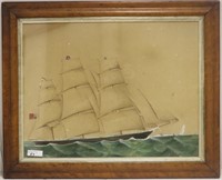 19TH C WATERCOLOR OF A CLIPPER SHIP FLYING A