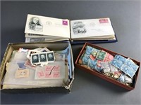 Box of new and used stamps and first day covers