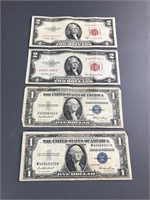 Two $1 Silver Notes & Two Red Seal $2 Notes