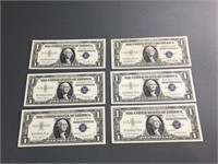 Five Series 1957B $1 Blue Seal Silver Certificates