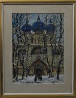 RUSSIAN GOUACHE ON PAPER OF ONION DOMED CATHEDRAL