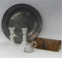 ENGLISH PEWTER PLATE 16 1/2" & LEATHER COVERED