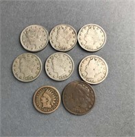 Five 1883 Barber Nickels & 1834 Half Cent.