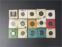15 Indian head nickels, 1919-1937.