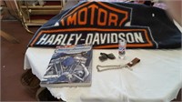 Harley Davidson Blanket; Belt Buckle, Book,