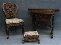 HEAVILY CARVED ANGELO INDIAN WORK TABLE, CHAIR &