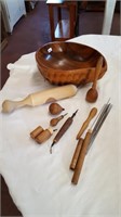 Various Wood & Metal Implements Uses Unknown; Bowl