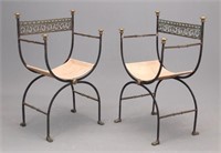 Pair Brass & Wrought Iron Curule Chairs